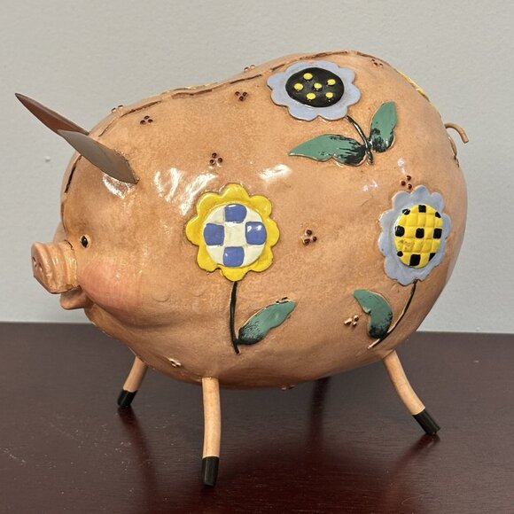 Colourful Painted Whimsical Piggy Daisies & Sunflowers Metal Figure 6.5" x 6.5" - Picture 2 of 15